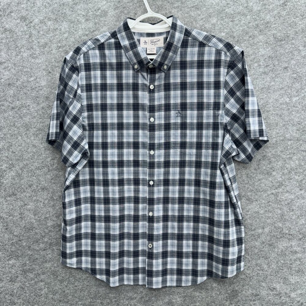 Original Penguin Men's Short Sleeve Button Down Shirt Size XL, Cotton Blue Plaid